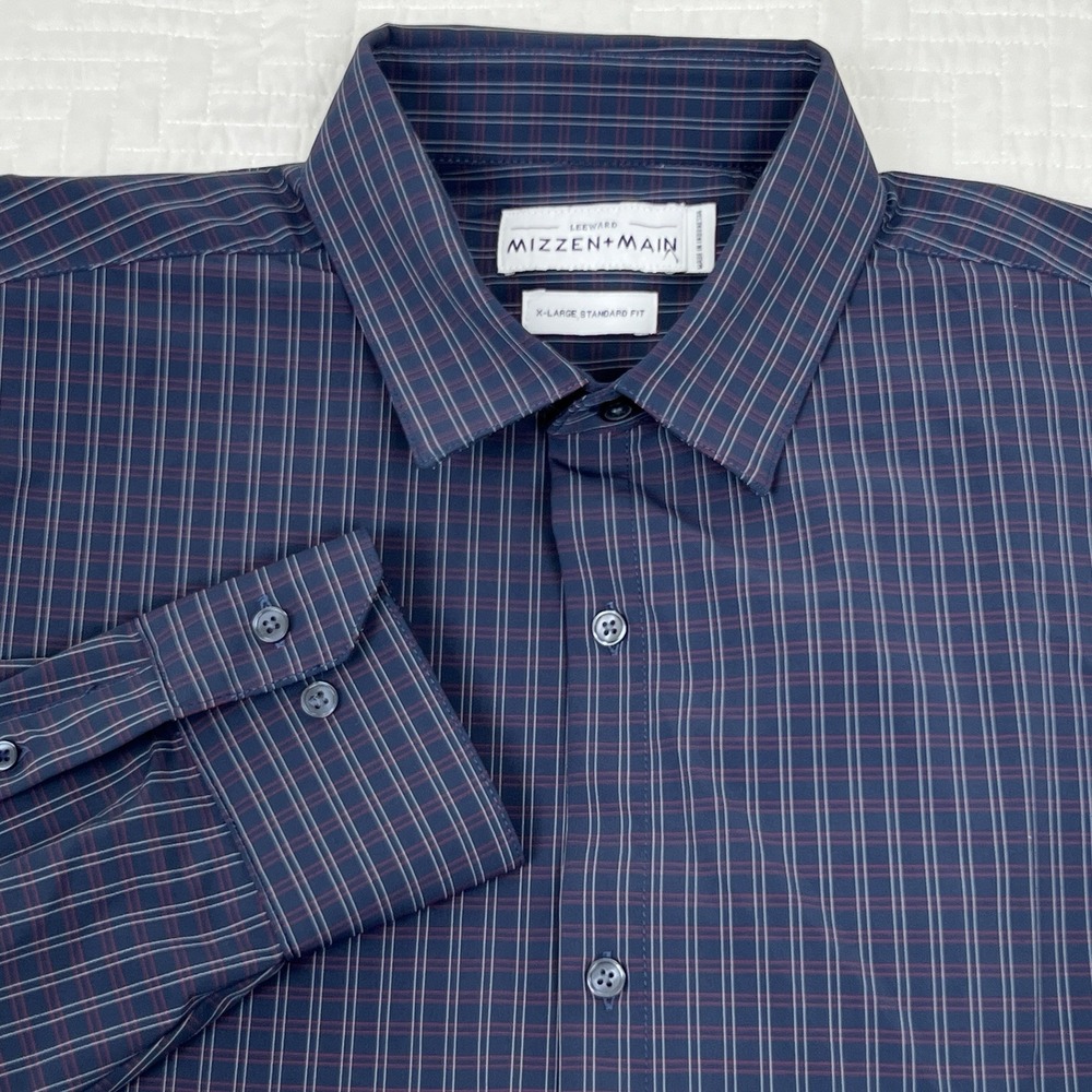 Mizzen+Main Button Down Shirt Mens XL Dark Blue Plaid Standard Fit Leeward Locke